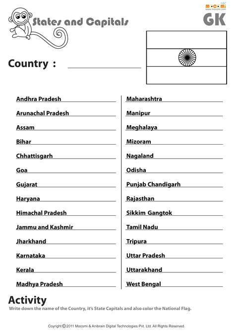india states and capitals matching worksheet
